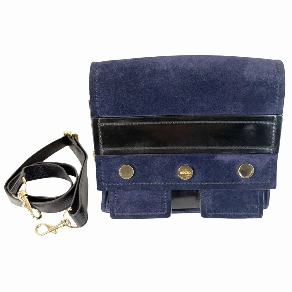 Kenzo Rare Bike Collection Sling Shoulder Bag Suede Patent Leather Navy Designer
